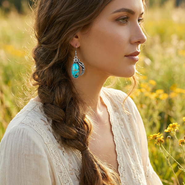 Western Floral Leather  Turquoise Earrings