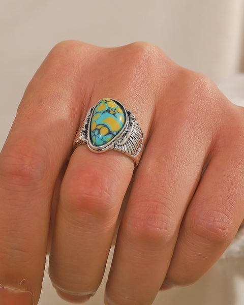 Blue & Yellow Turquoise Ring | Vintage Ethnic Carved Setting