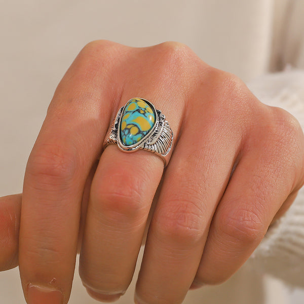 Blue & Yellow Turquoise Ring | Vintage Ethnic Carved Setting