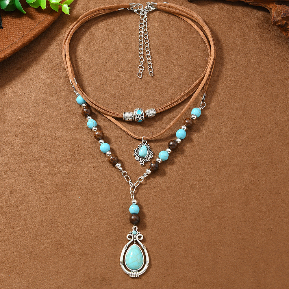 Turquoise velvet and wooden bead necklace for women, layered choker