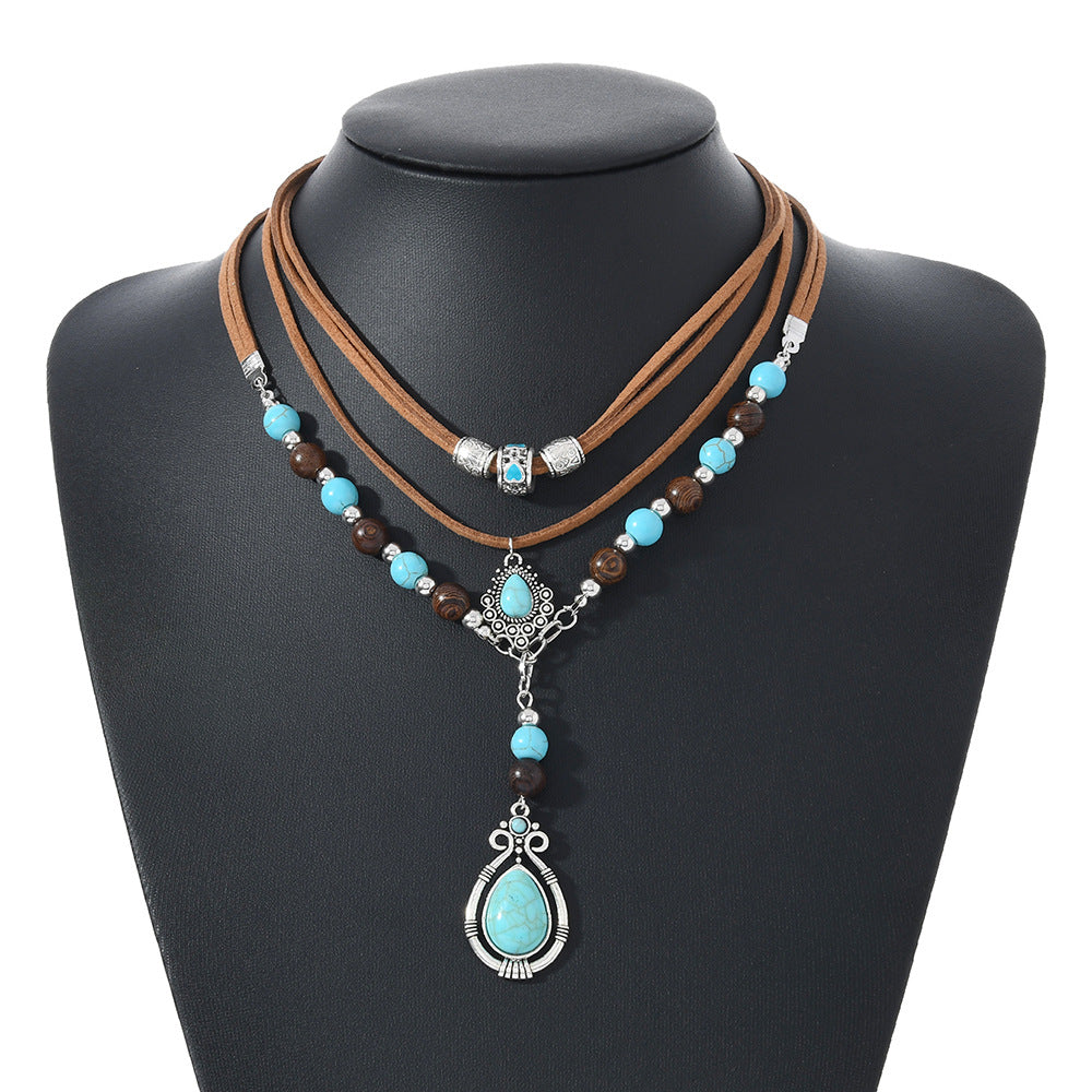 Turquoise velvet and wooden bead necklace for women, layered choker