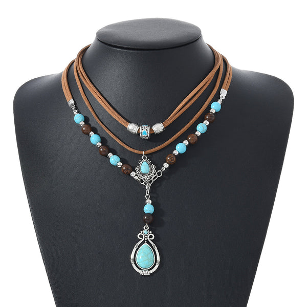 Turquoise velvet and wooden bead necklace for women, layered choker