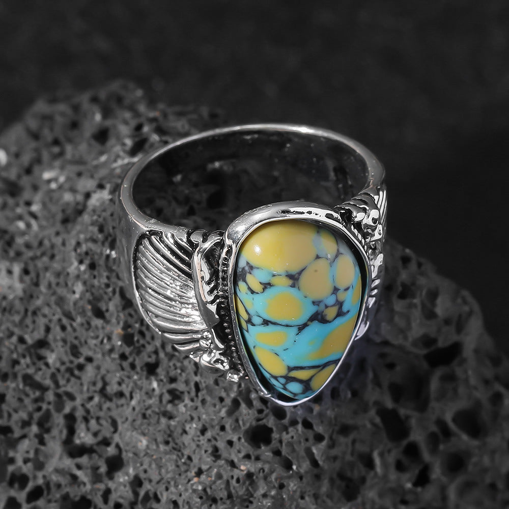 Blue & Yellow Turquoise Ring | Vintage Ethnic Carved Setting