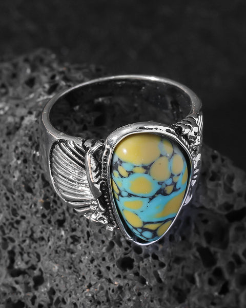 Blue & Yellow Turquoise Ring | Vintage Ethnic Carved Setting