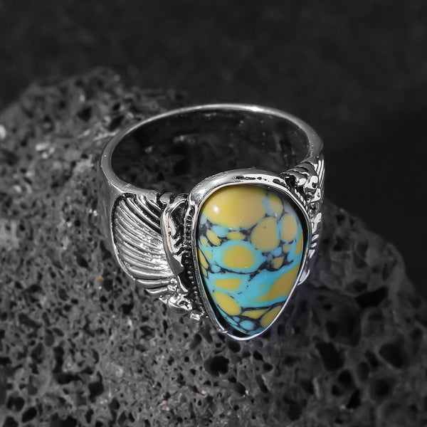 Blue & Yellow Turquoise Ring | Vintage Ethnic Carved Setting