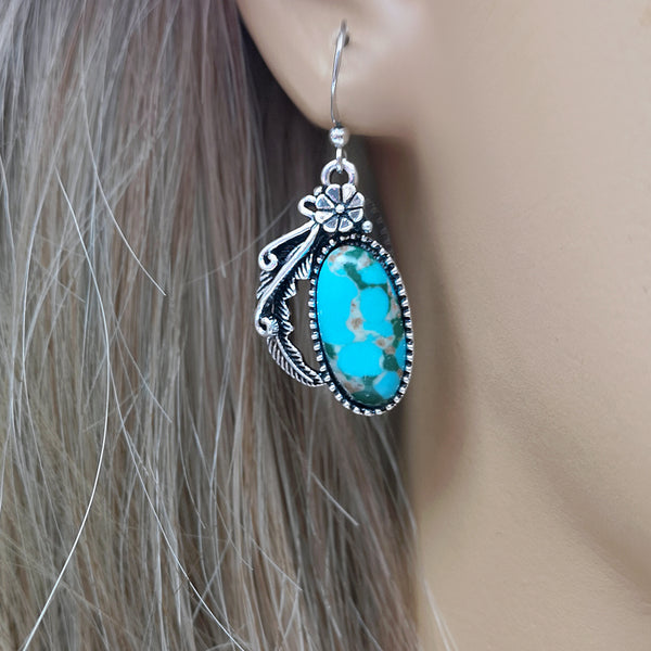 Western Floral Leather  Turquoise Earrings