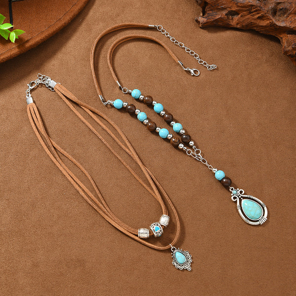 Turquoise velvet and wooden bead necklace for women, layered choker