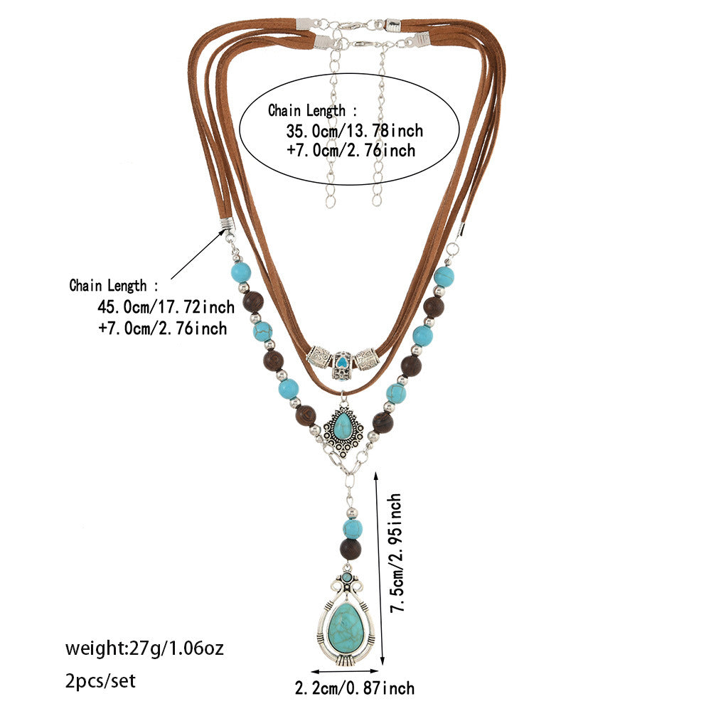 Turquoise velvet and wooden bead necklace for women, layered choker