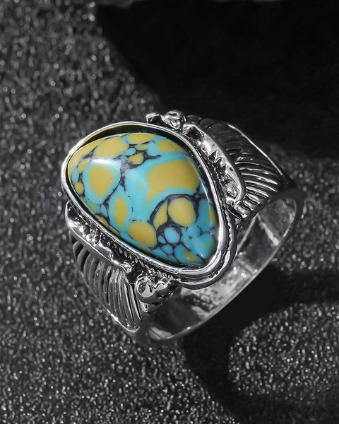 Blue & Yellow Turquoise Ring | Vintage Ethnic Carved Setting