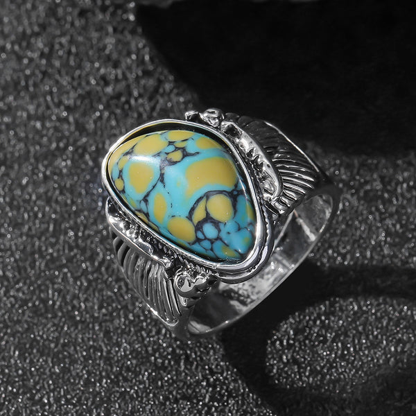 Blue & Yellow Turquoise Ring | Vintage Ethnic Carved Setting