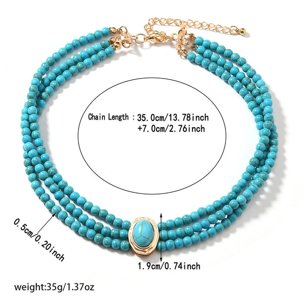 Turquoise oval geometric beaded choker necklace
