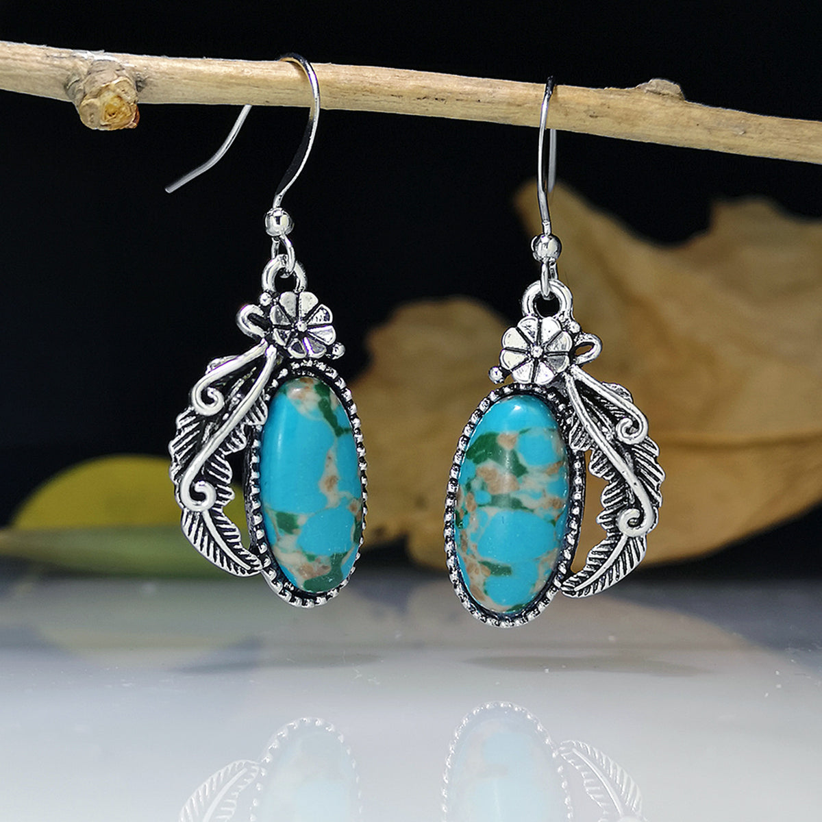 Western Floral Leather  Turquoise Earrings