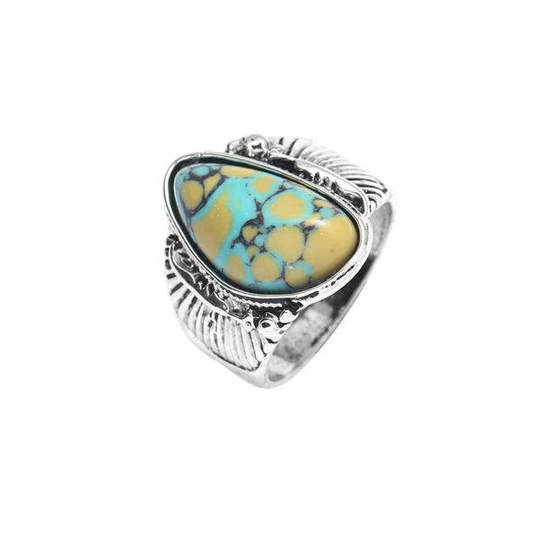 Blue & Yellow Turquoise Ring | Vintage Ethnic Carved Setting