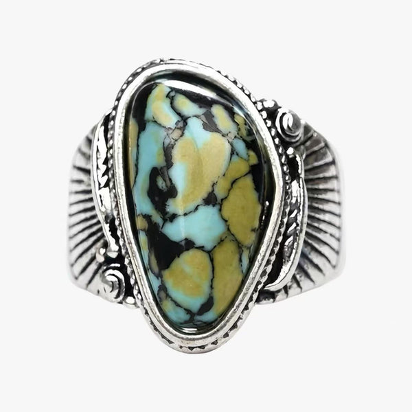 Blue & Yellow Turquoise Ring | Vintage Ethnic Carved Setting