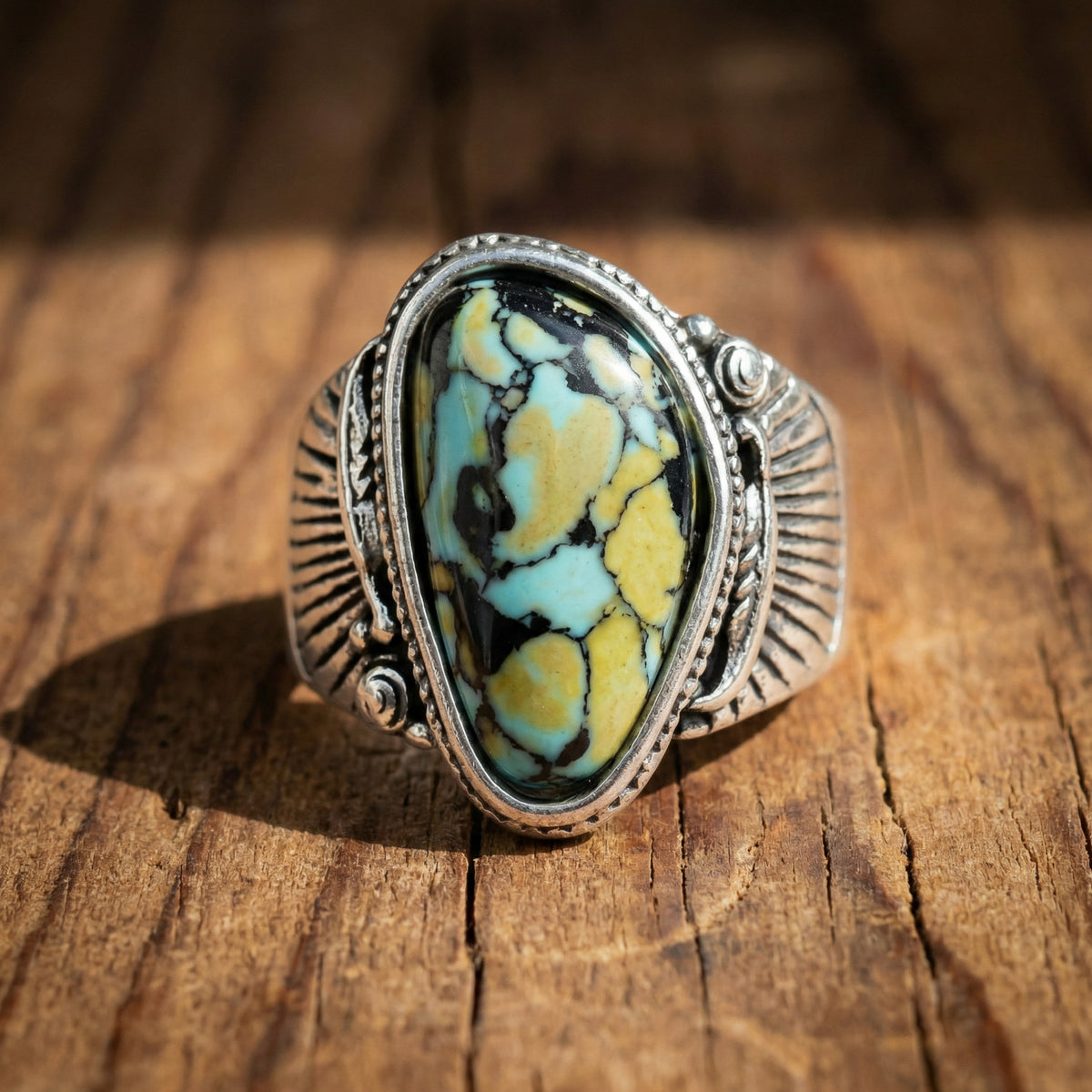 Blue & Yellow Turquoise Ring | Vintage Ethnic Carved Setting