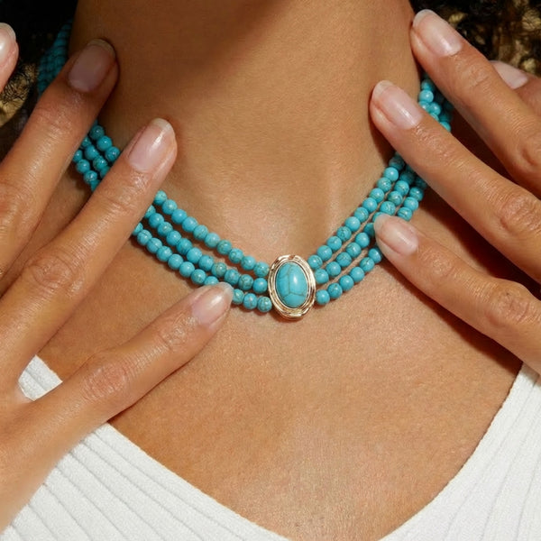Turquoise oval geometric beaded choker necklace