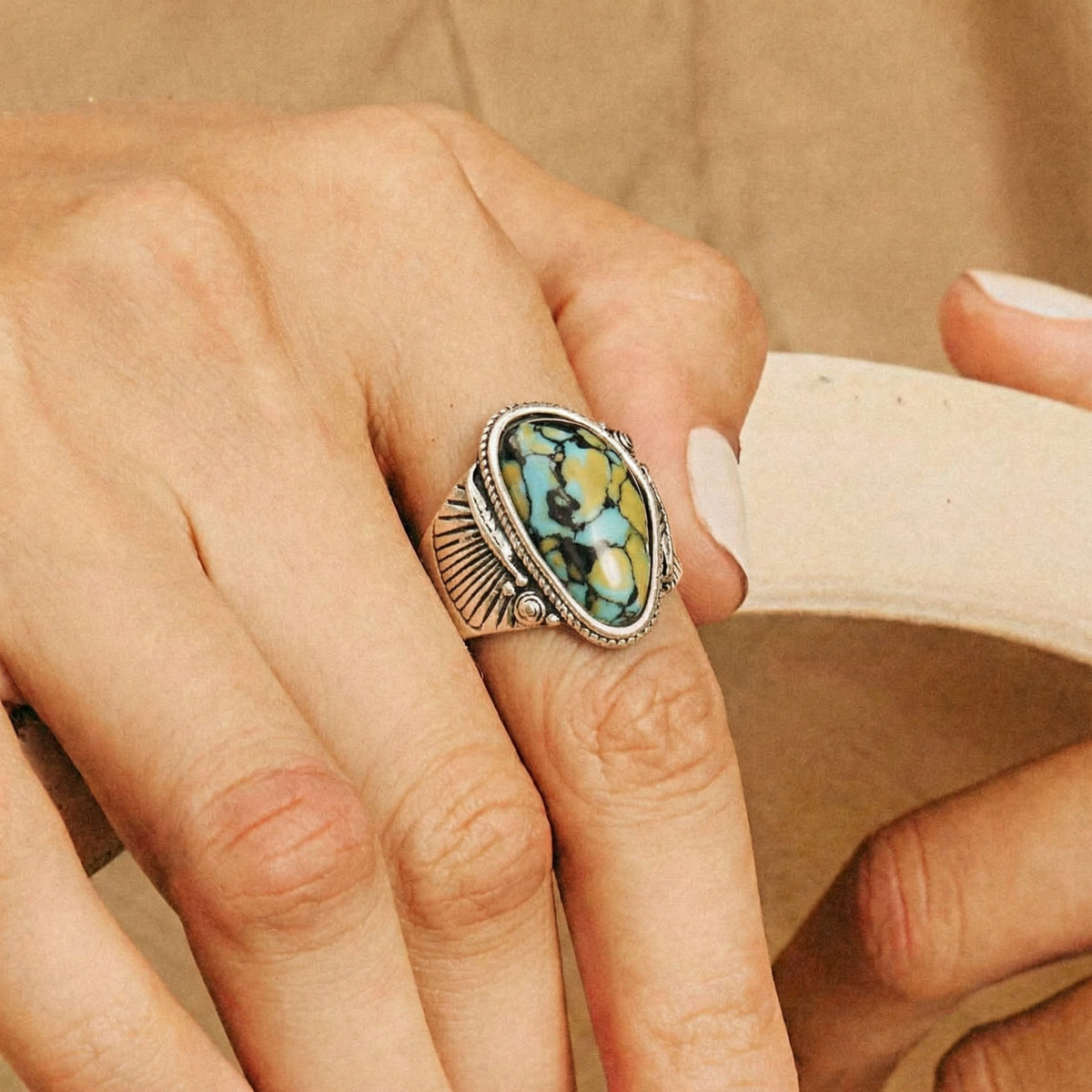 Blue & Yellow Turquoise Ring | Vintage Ethnic Carved Setting