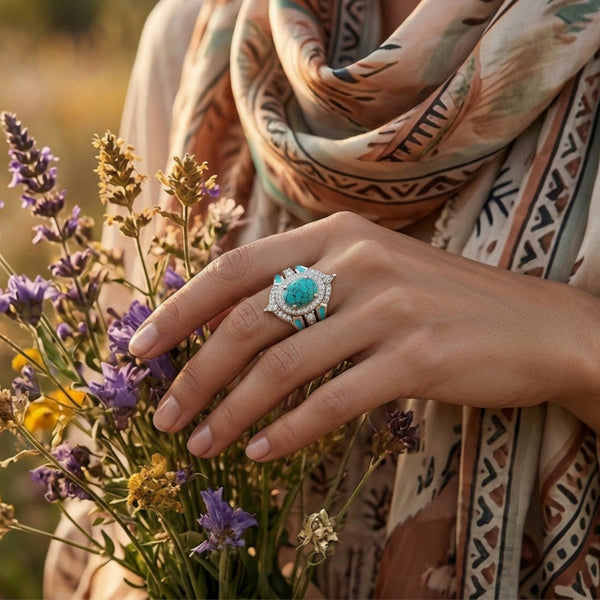 Turquoise Ocean Glow Ring — Natural Stone Boho Statement Ring