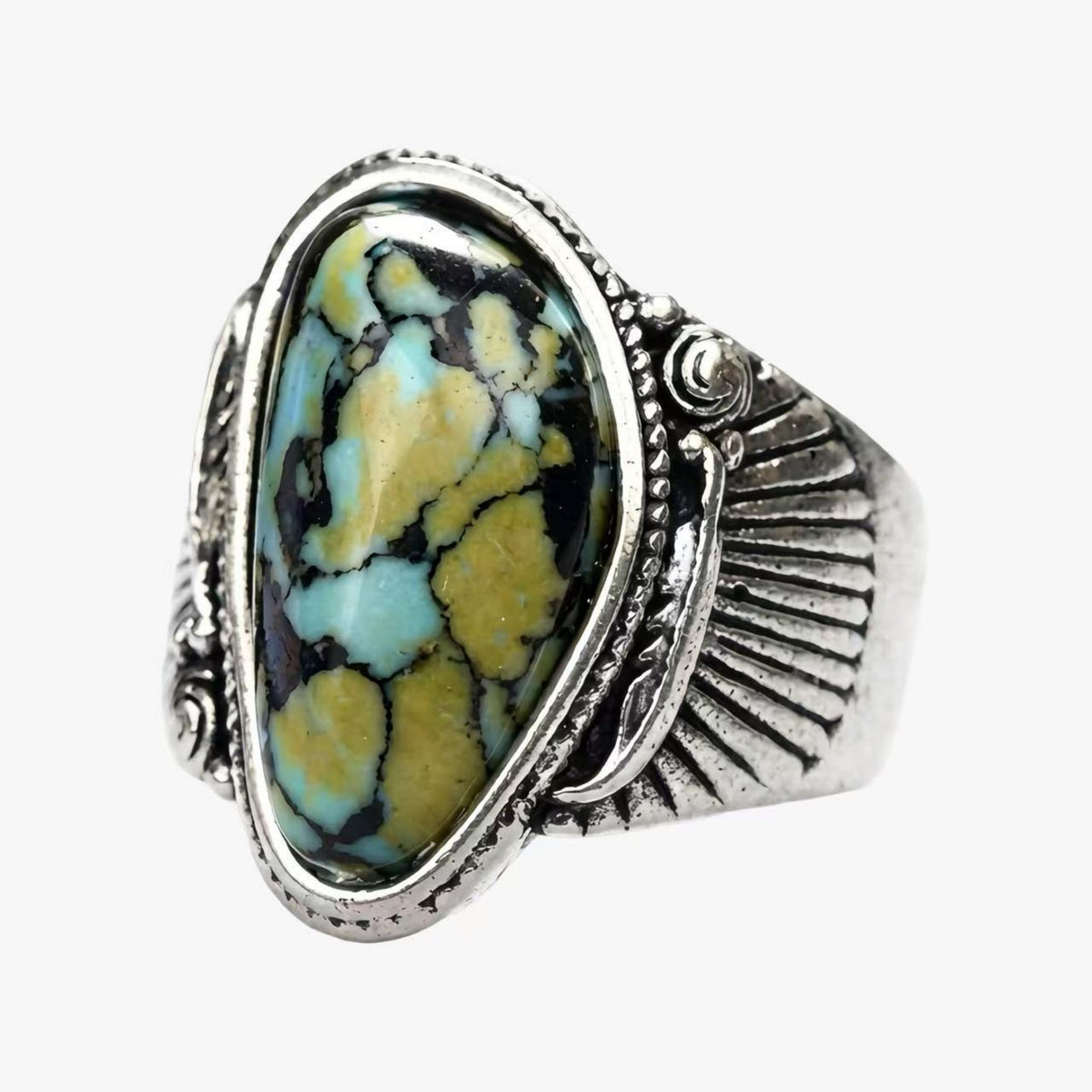 Blue & Yellow Turquoise Ring | Vintage Ethnic Carved Setting