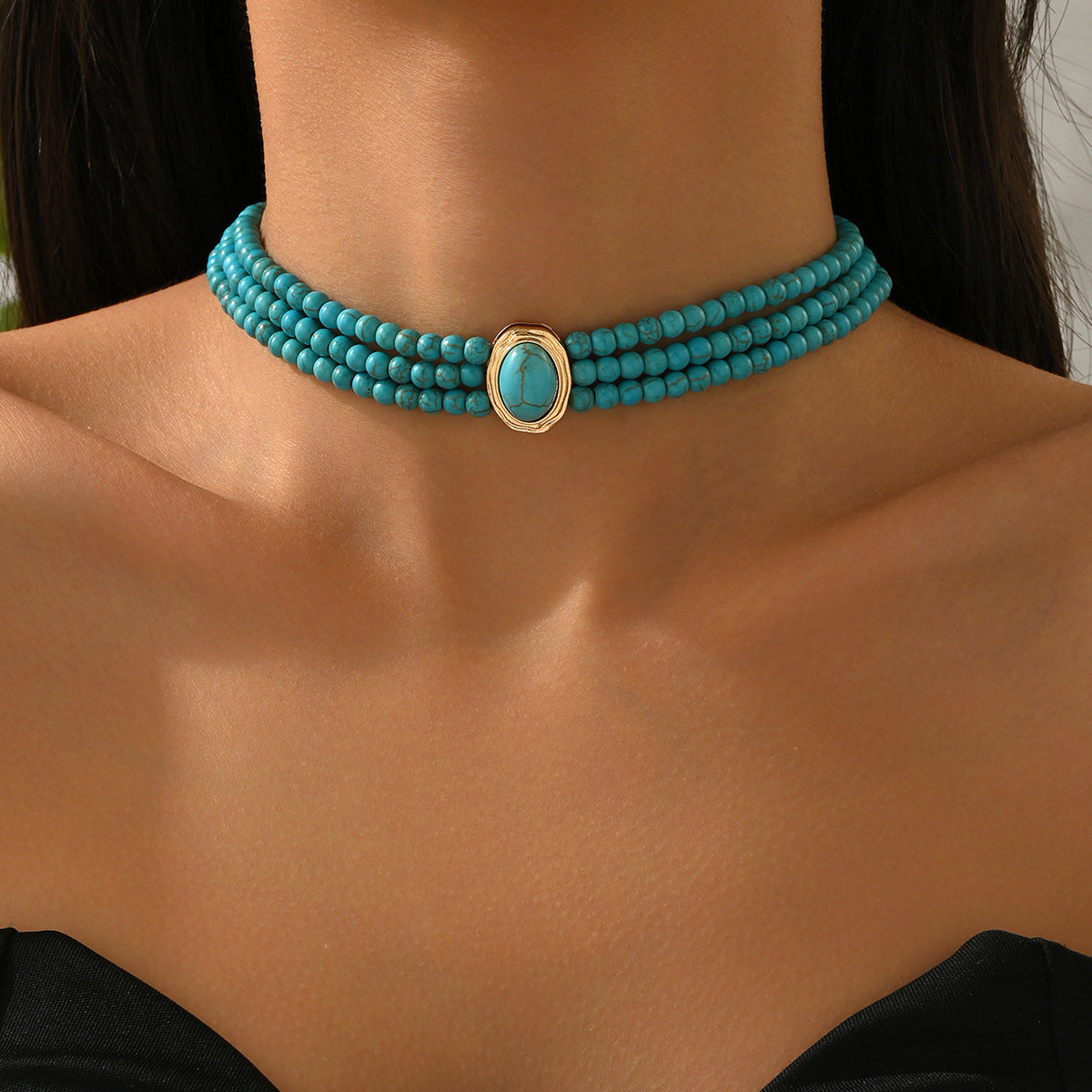 Turquoise oval geometric beaded choker necklace
