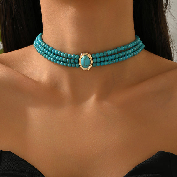 Turquoise oval geometric beaded choker necklace