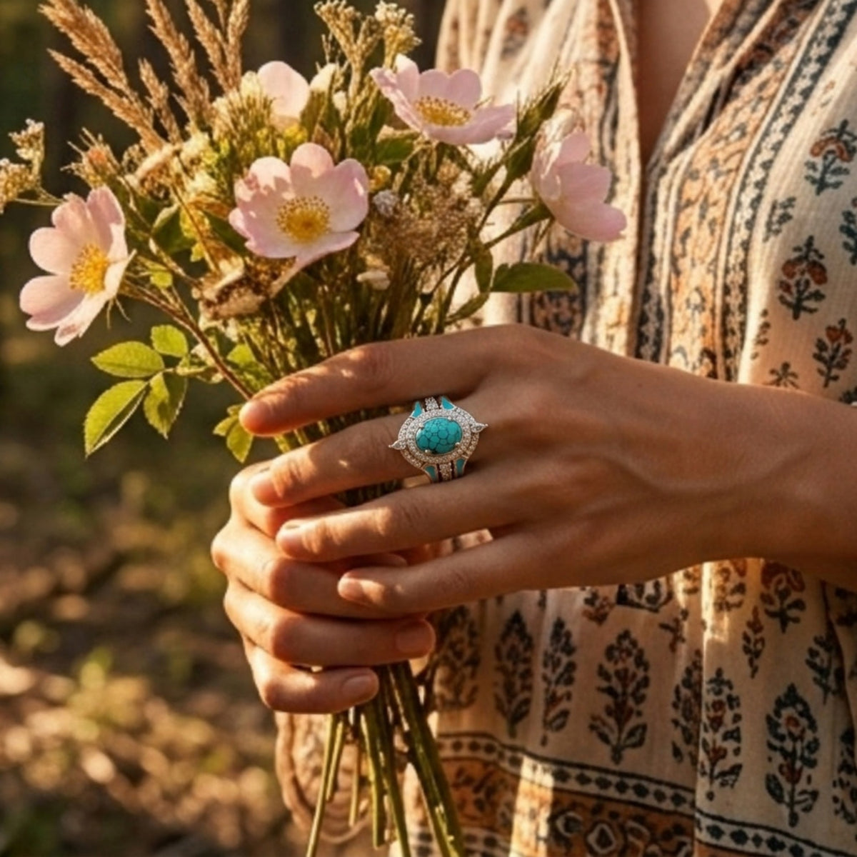 Turquoise Ocean Glow Ring — Natural Stone Boho Statement Ring