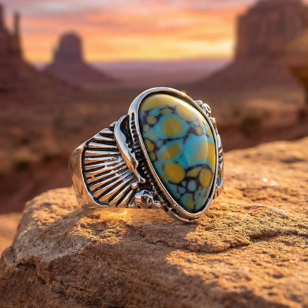 Blue & Yellow Turquoise Ring | Vintage Ethnic Carved Setting