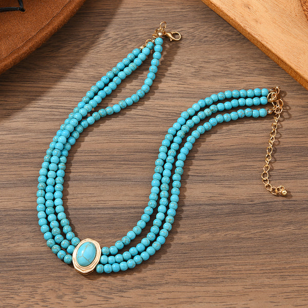 Turquoise oval geometric beaded choker necklace