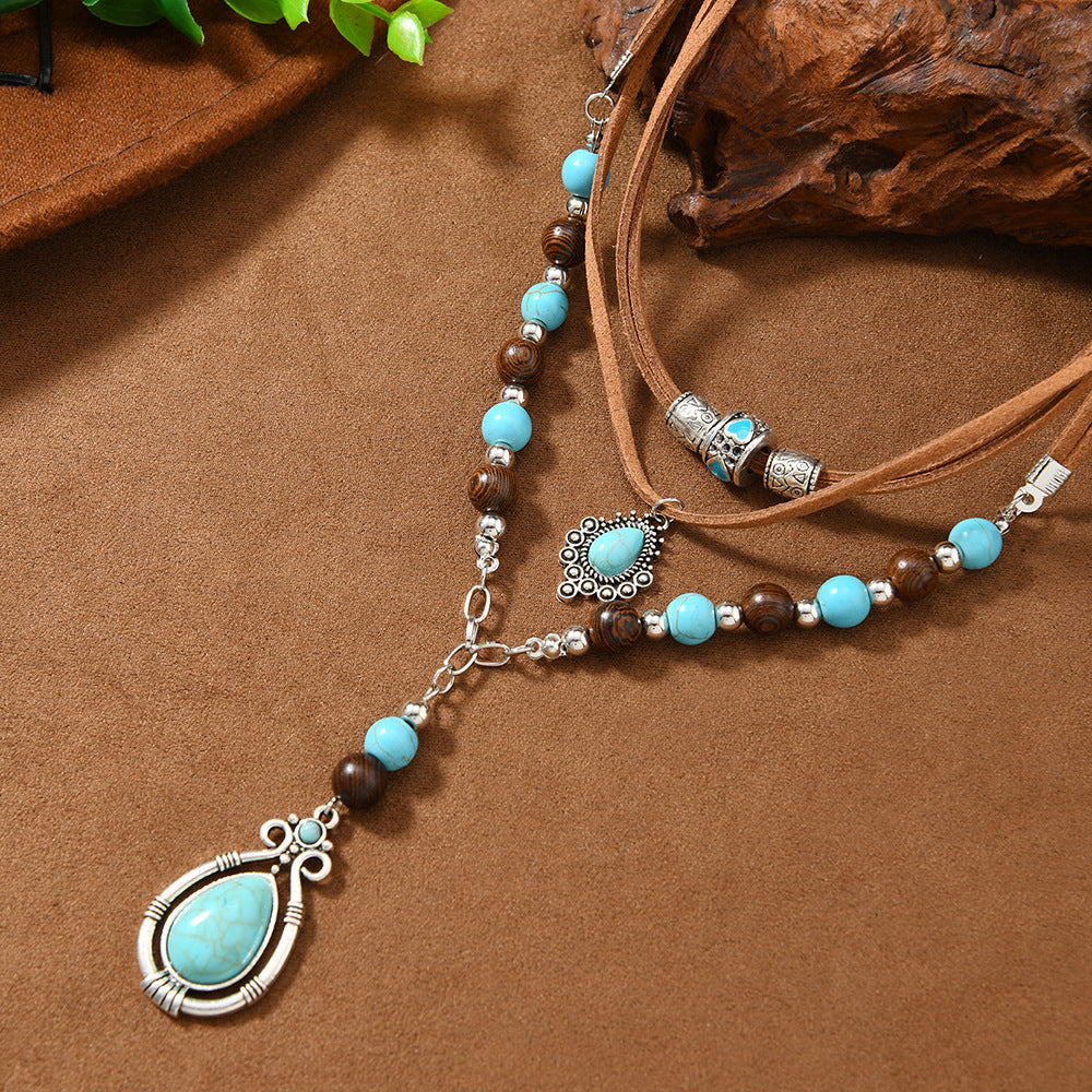 Turquoise velvet and wooden bead necklace for women, layered choker