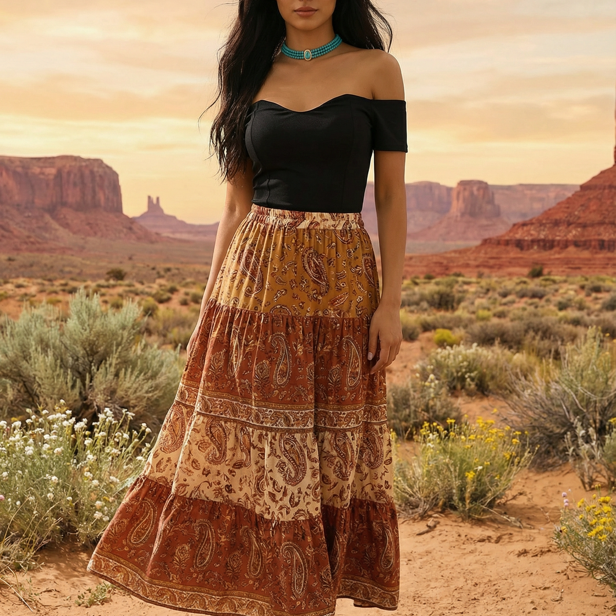 Turquoise oval geometric beaded choker necklace