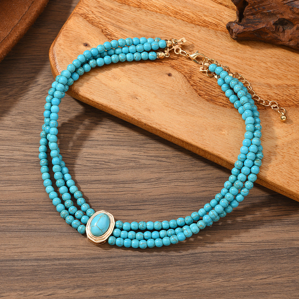 Turquoise oval geometric beaded choker necklace