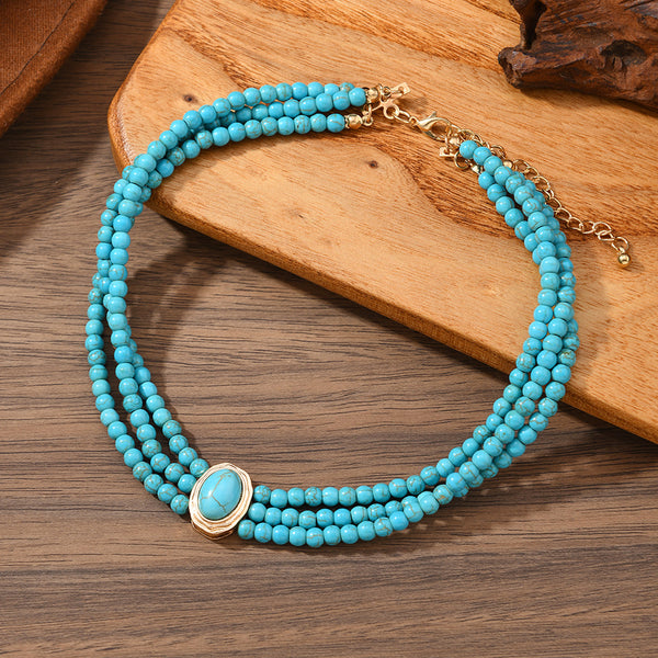 Turquoise oval geometric beaded choker necklace