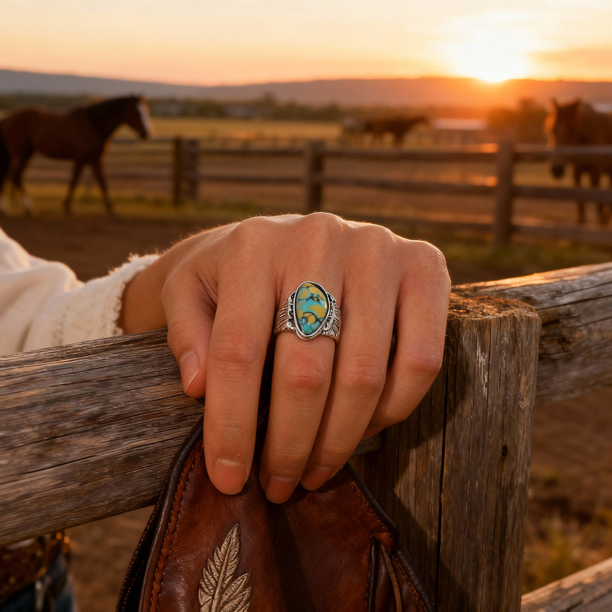 Blue & Yellow Turquoise Ring | Vintage Ethnic Carved Setting
