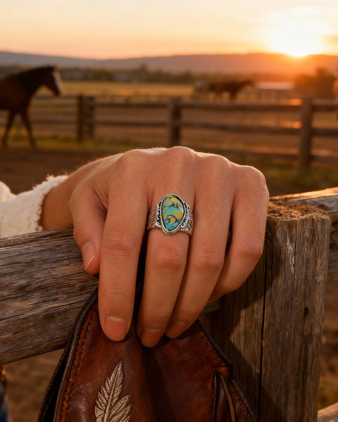 Blue & Yellow Turquoise Ring | Vintage Ethnic Carved Setting