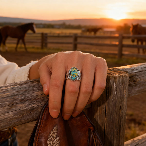 Blue & Yellow Turquoise Ring | Vintage Ethnic Carved Setting