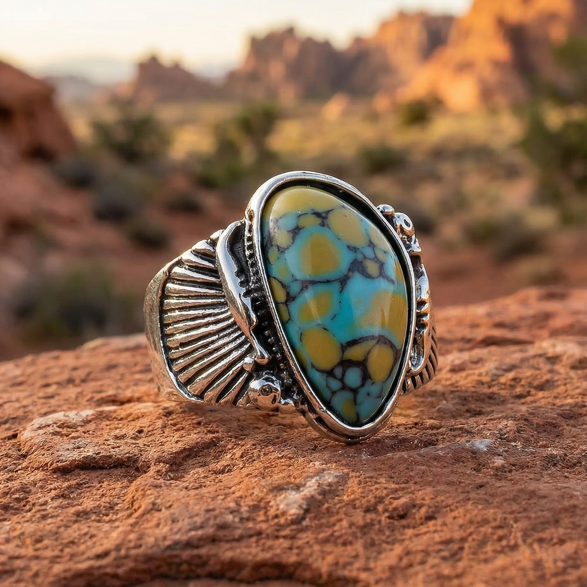 Blue & Yellow Turquoise Ring | Vintage Ethnic Carved Setting