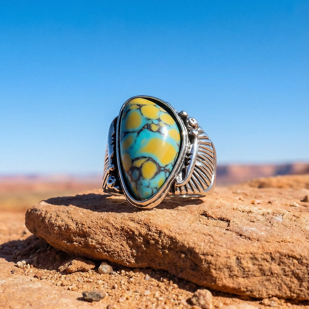 Blue & Yellow Turquoise Ring | Vintage Ethnic Carved Setting