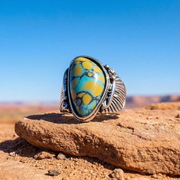Blue & Yellow Turquoise Ring | Vintage Ethnic Carved Setting
